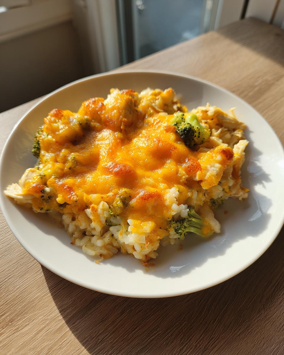 A portion of cheesy chicken and rice casserole topped with melted cheddar cheese and visible broccoli florets.
