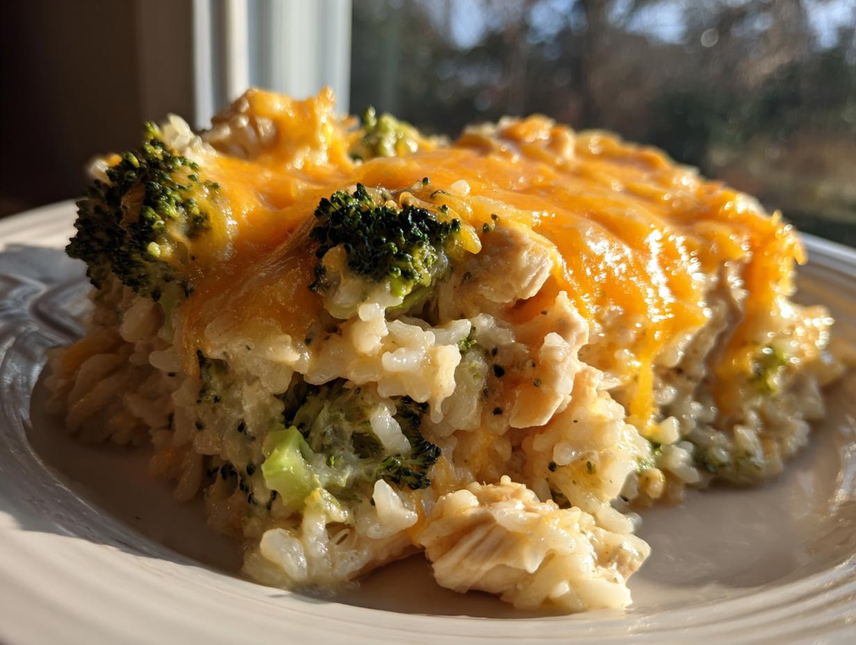 Close-up of a serving of cheesy chicken and rice mixed with bright green broccoli florets and topped with melted cheddar cheese.