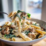 A fork lifts a bite of creamy chicken sausage pasta, showing extreme cheese pull and chunks of sausage and spinach.