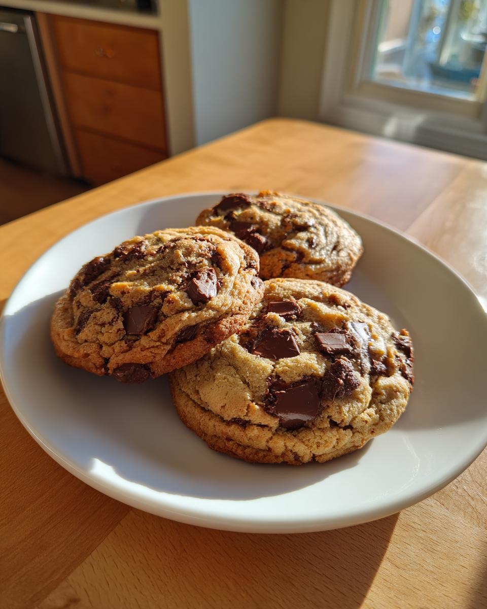 Three freshly baked homemade chocolate chip cookies piled on a white plate, showing melted chocolate chunks.
