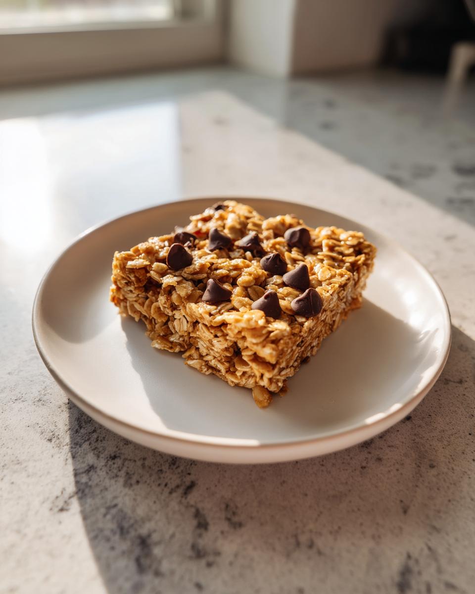 A single square of chewy homemade granola bars topped with mini chocolate chips on a small white plate.
