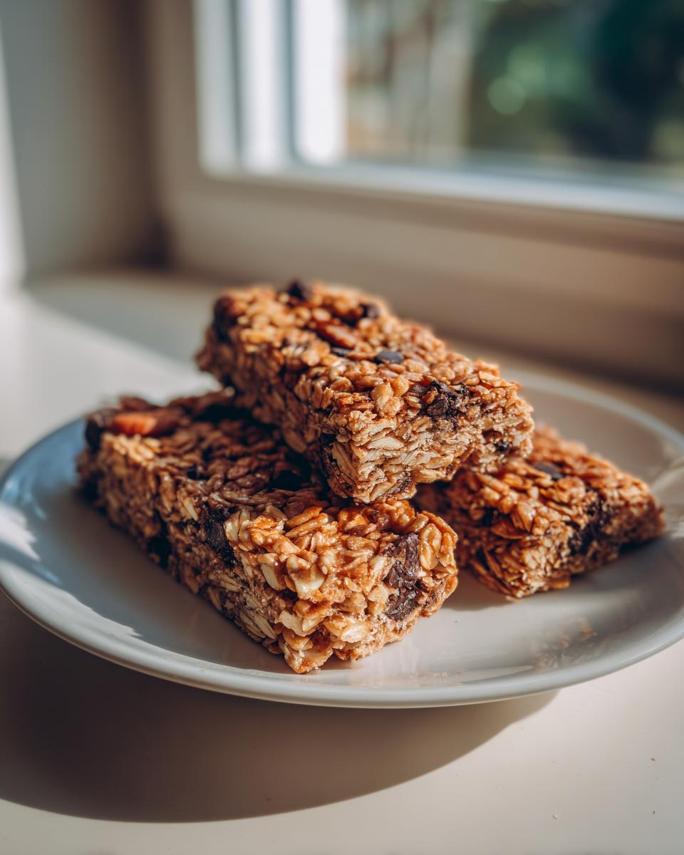 Three chewy homemade granola bars stacked on a white plate, catching bright sunlight near a window.