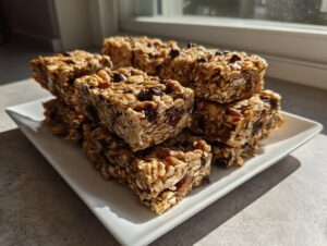 A stack of chewy homemade granola bars topped with chocolate chips, displayed on a white rectangular plate near a window.