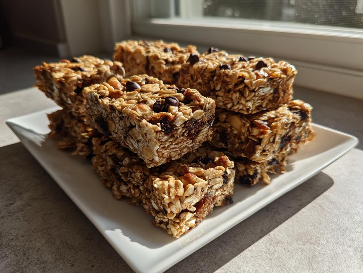 A stack of chewy homemade granola bars topped with chocolate chips, displayed on a white rectangular plate near a window.