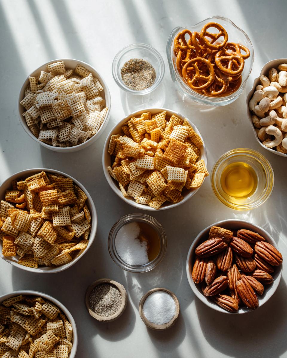 Overhead view of ingredients for chex party mix, including various cereals, pretzels, pecans, cashews, and spices.
