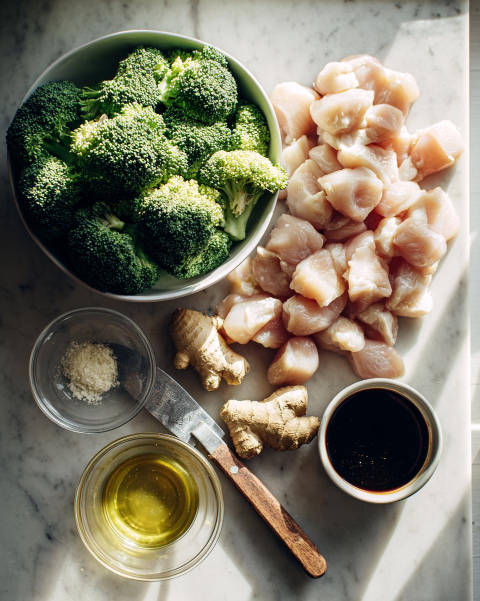 Overhead view of raw ingredients for chicken and broccoli, including cut chicken, fresh broccoli florets, ginger, oil, and soy sauce.