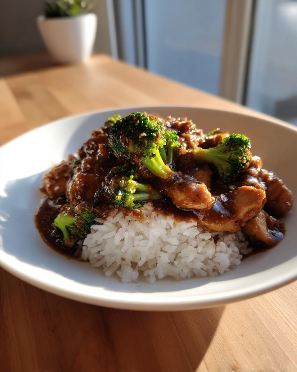 A bowl of saucy chicken and broccoli served over fluffy white rice, highlighting the main ingredients of chicken and broccoli.