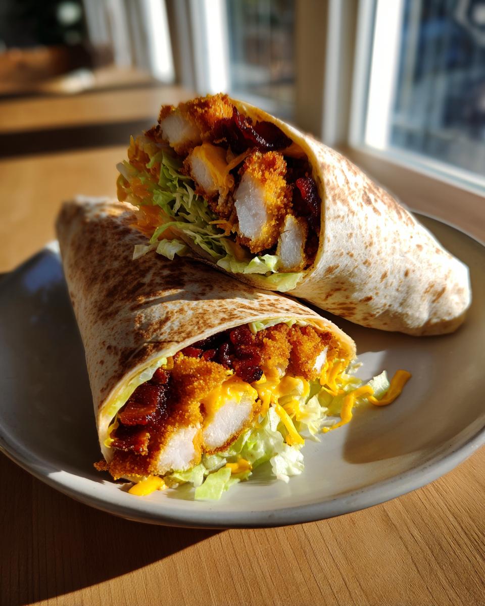 Cross-section view of a chicken bacon ranch wrap filled with crispy chicken, bacon, cheese, and lettuce.