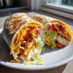Two halves of a toasted chicken bacon ranch wrap filled with crispy chicken, cheese, lettuce, and ranch dressing.