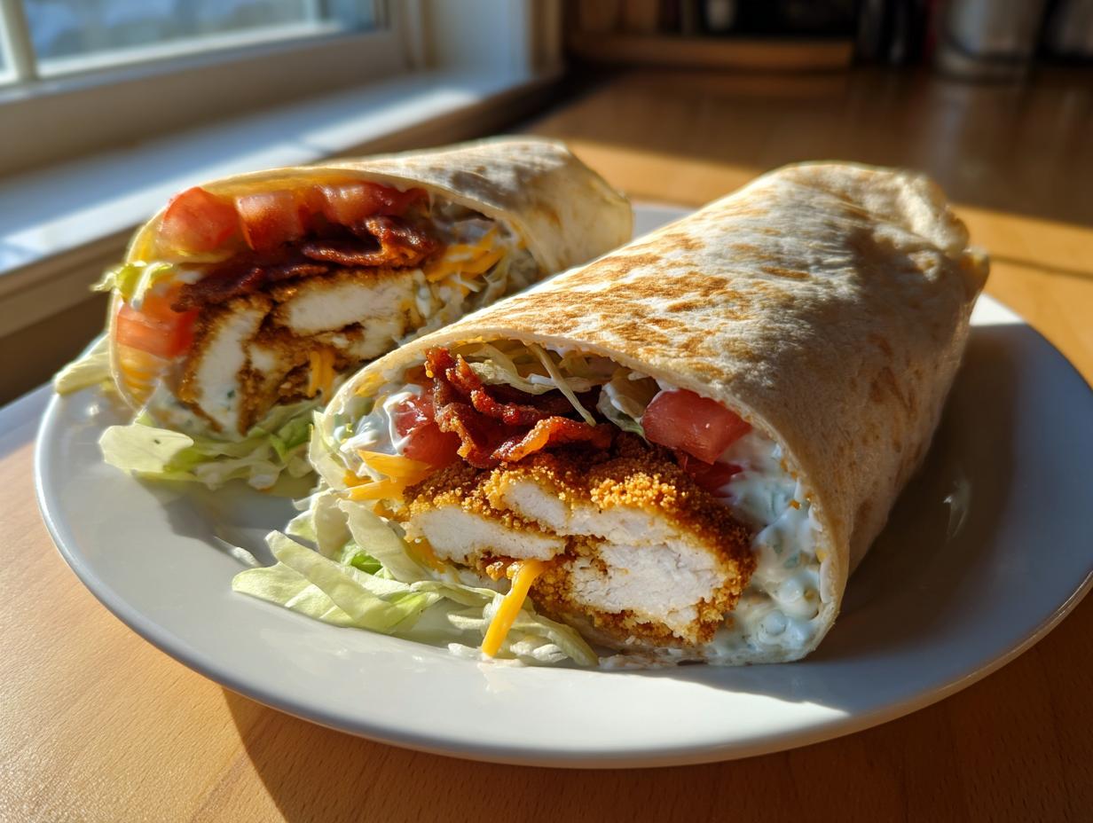 Two halves of a chicken bacon ranch wrap filled with crispy chicken, bacon, cheese, and ranch dressing, served on a white plate.