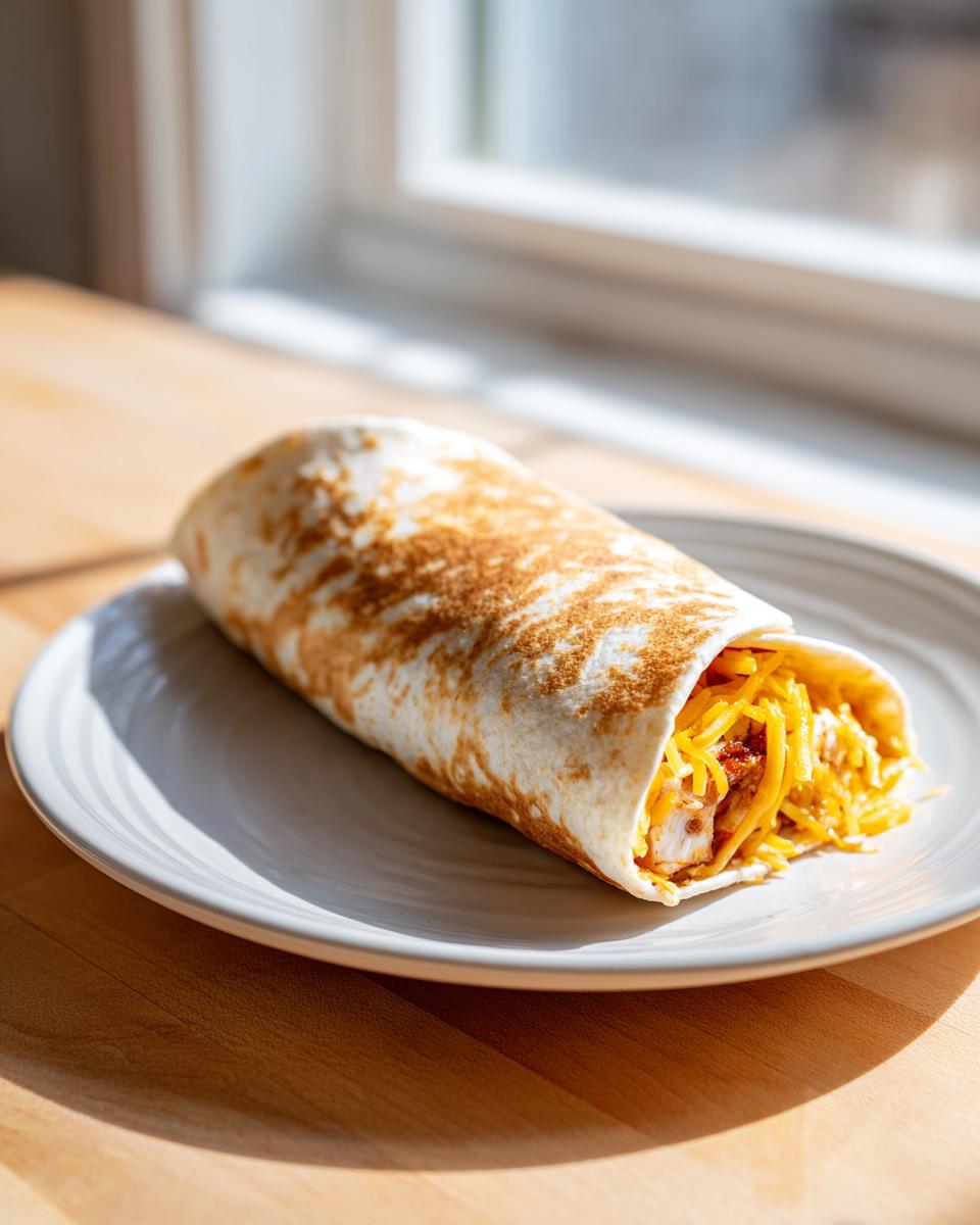 A toasted chicken bacon ranch wrap filled with shredded cheese and chicken, resting on a white plate.