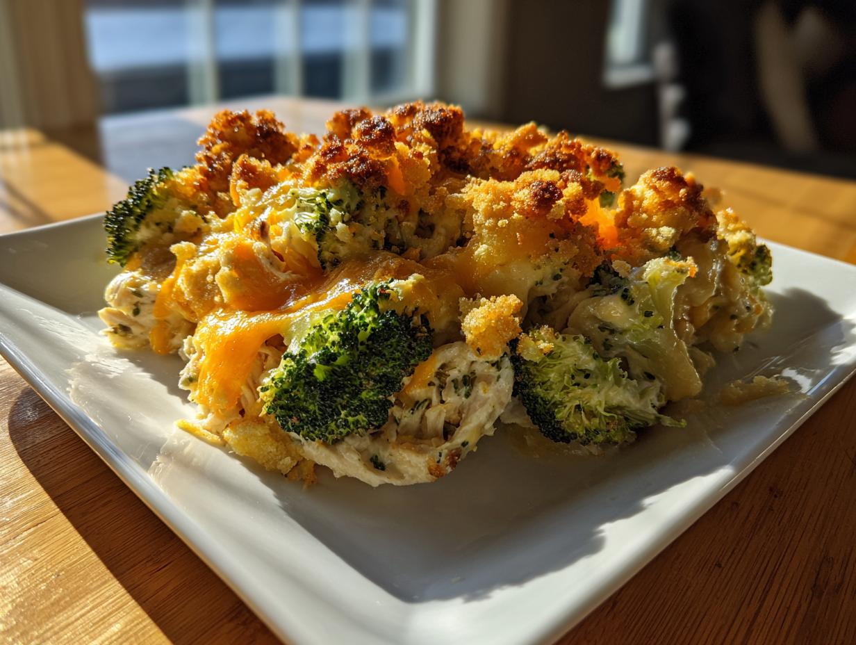 A serving of creamy Chicken Divan with broccoli florets and a golden, crunchy topping on a white rectangular plate.