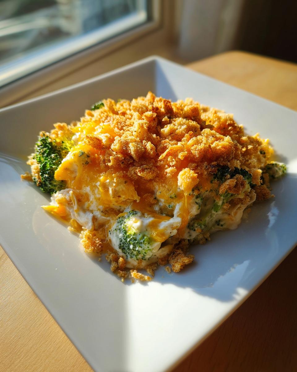 A serving of rich Chicken Divan casserole featuring broccoli, melted cheese, and a golden, crunchy breadcrumb topping.