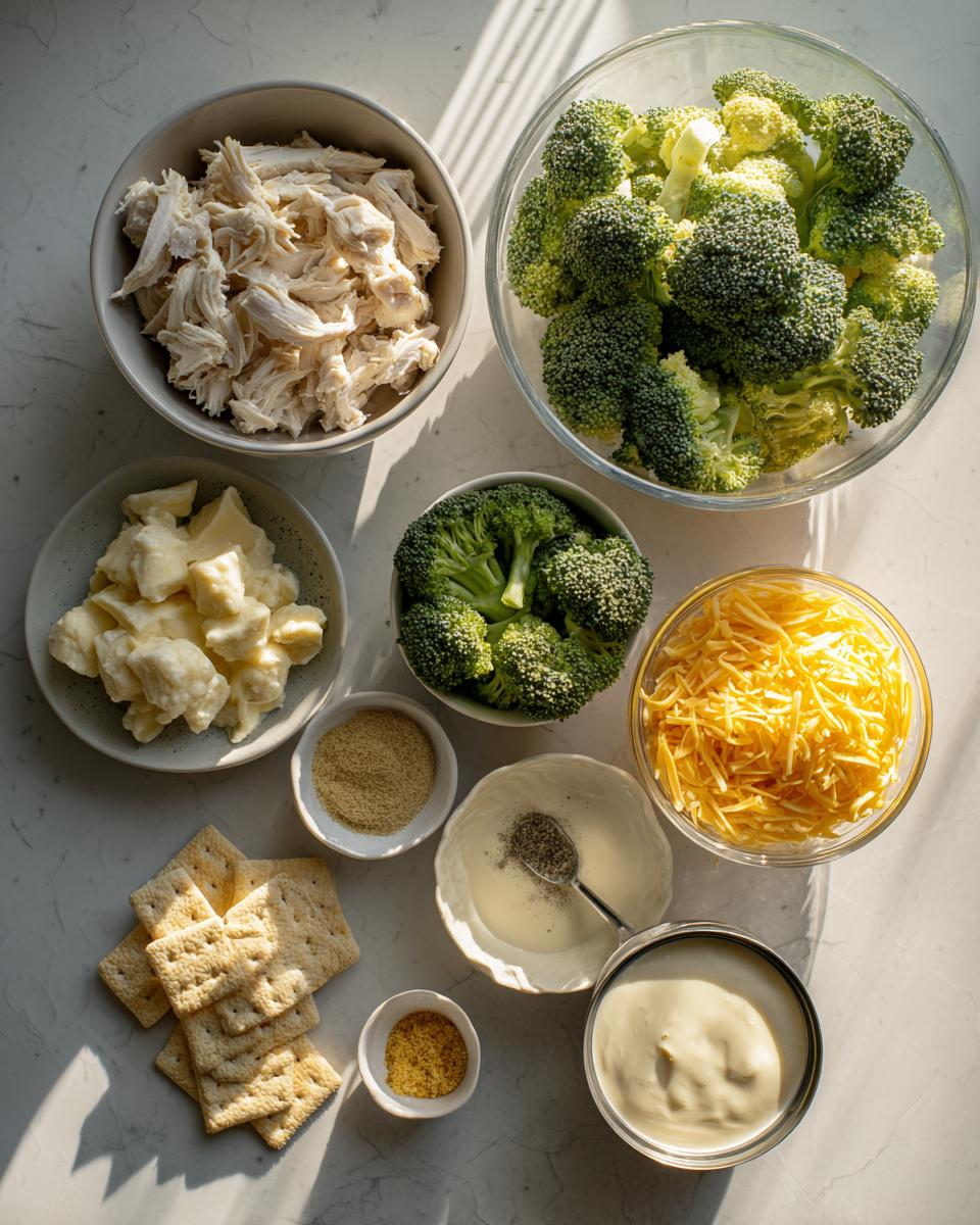 Overhead view of all ingredients needed for Chicken Divan, including shredded chicken, broccoli, cheese, and cream sauce.