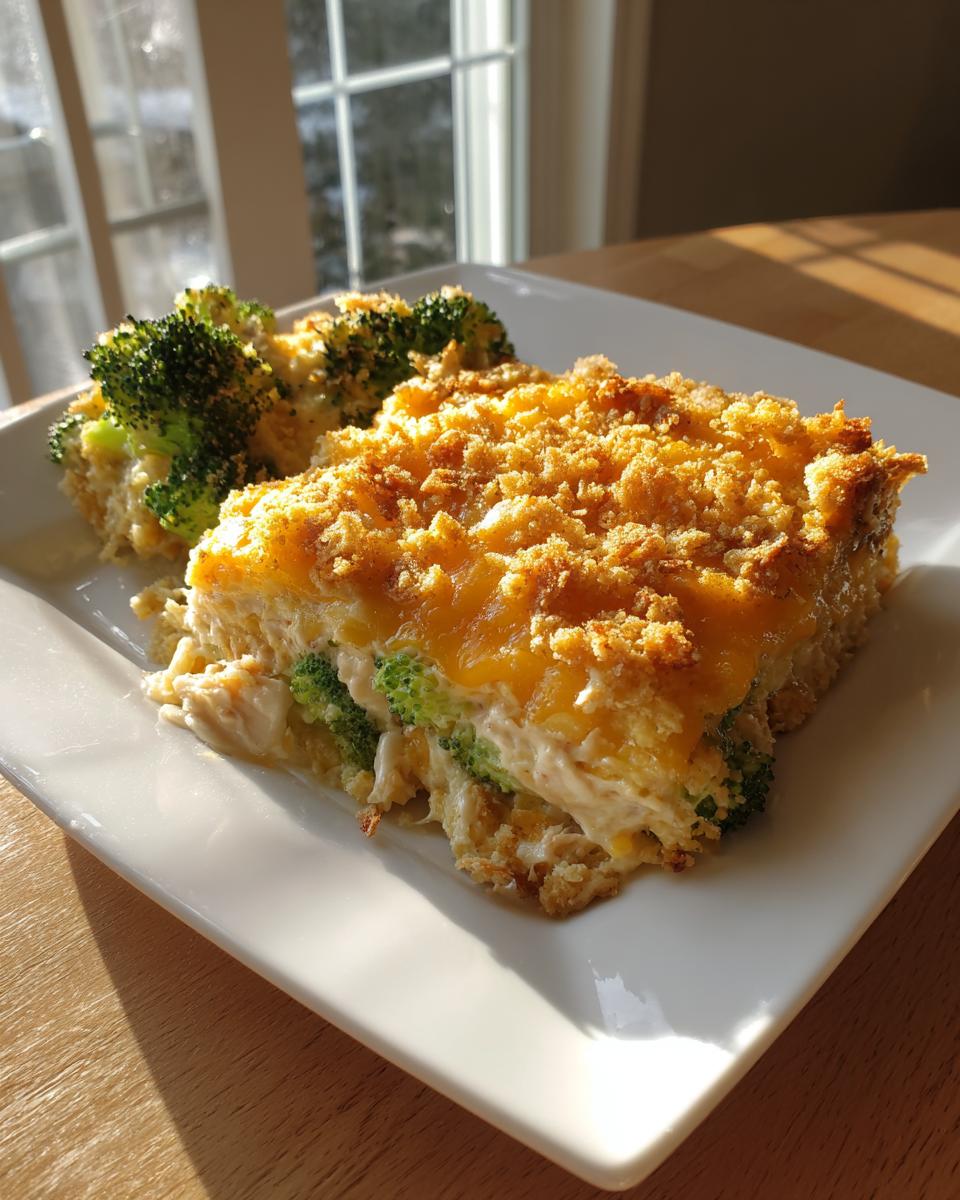 A square serving of creamy Chicken Divan casserole with broccoli and a golden, crunchy topping on a white plate.