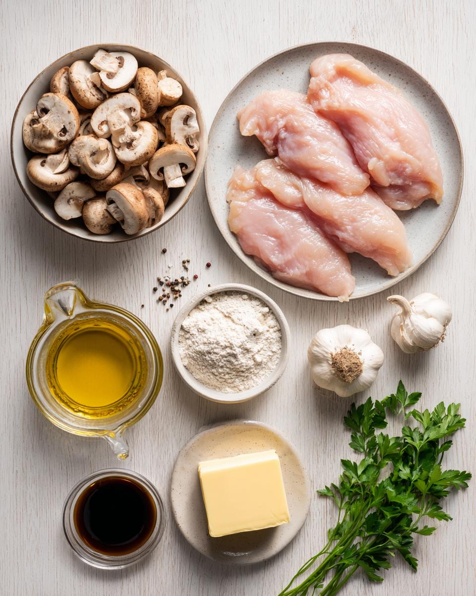 Overhead view of raw ingredients for chicken marsala: chicken breasts, mushrooms, flour, butter, oil, garlic, and parsley.