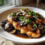 Close-up of golden pan-fried chicken marsala topped with rich brown mushroom sauce and fresh parsley.