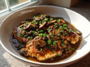 Close-up of pan-seared Chicken Marsala fillets covered in a dark, rich mushroom sauce and fresh parsley.