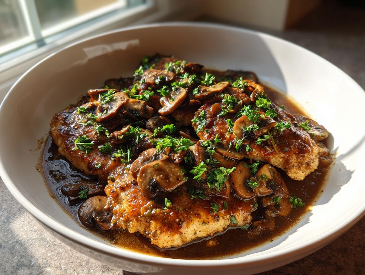 Close-up of pan-seared Chicken Marsala fillets covered in a dark, rich mushroom sauce and fresh parsley.