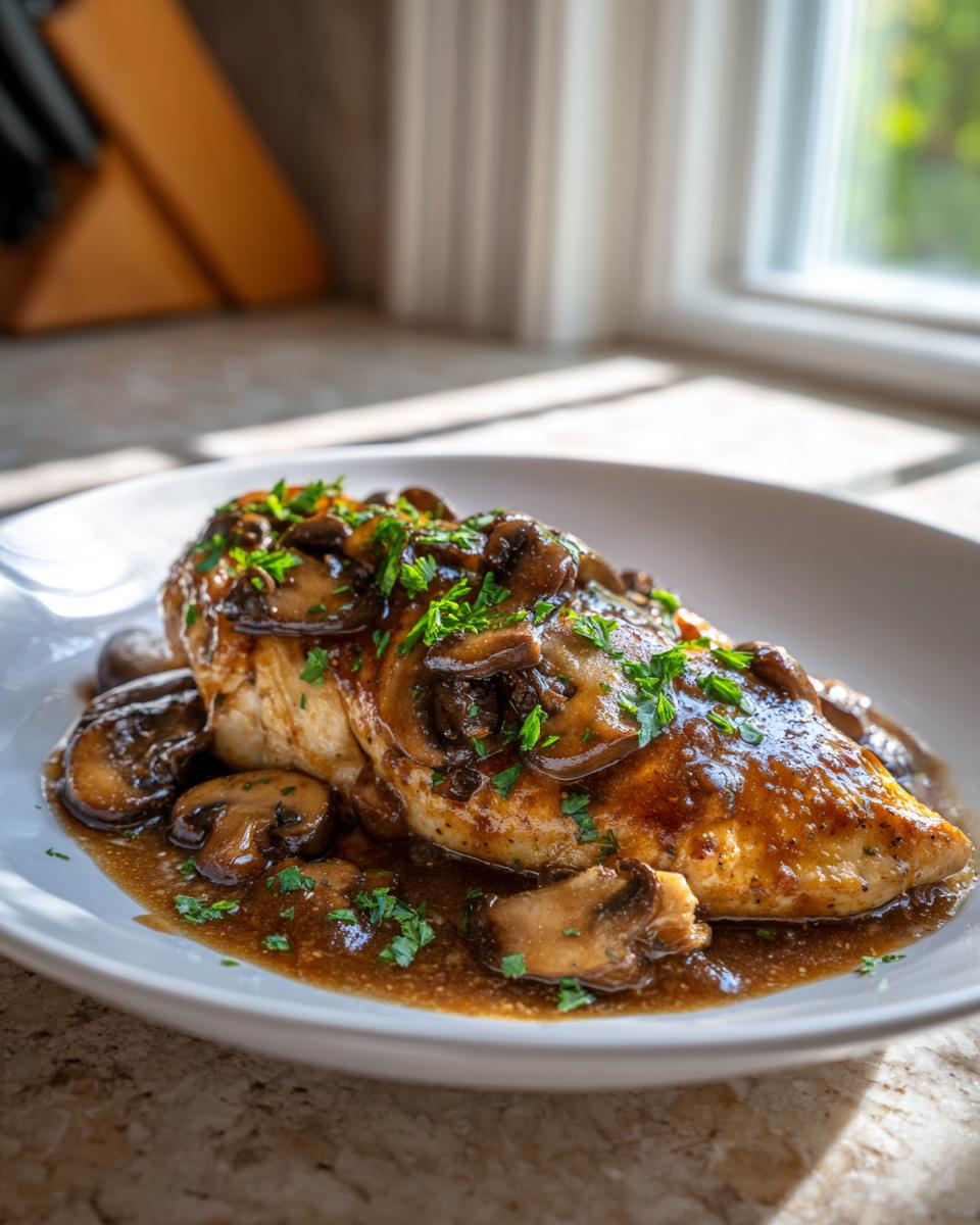 A close-up of a golden-brown chicken breast smothered in rich mushroom sauce, the classic Chicken Marsala, garnished with parsley.