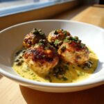 Four golden-brown chicken piccata meatballs served in a bright lemon-butter sauce topped with capers and parsley.