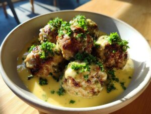 Close-up of perfectly browned chicken piccata meatballs swimming in a creamy lemon-caper sauce and topped with fresh parsley.