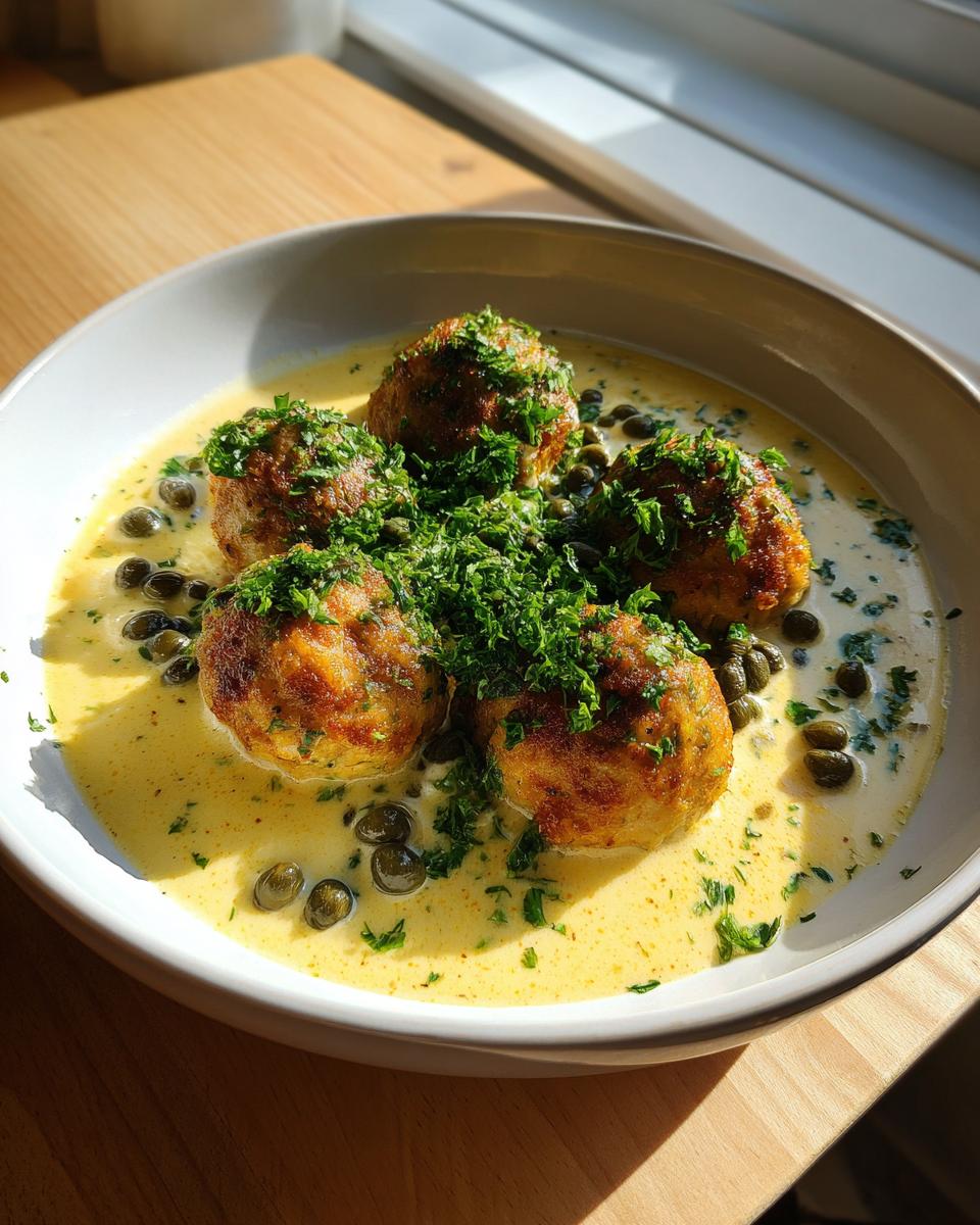 Five golden brown chicken piccata meatballs served in a creamy lemon sauce with capers and fresh parsley.