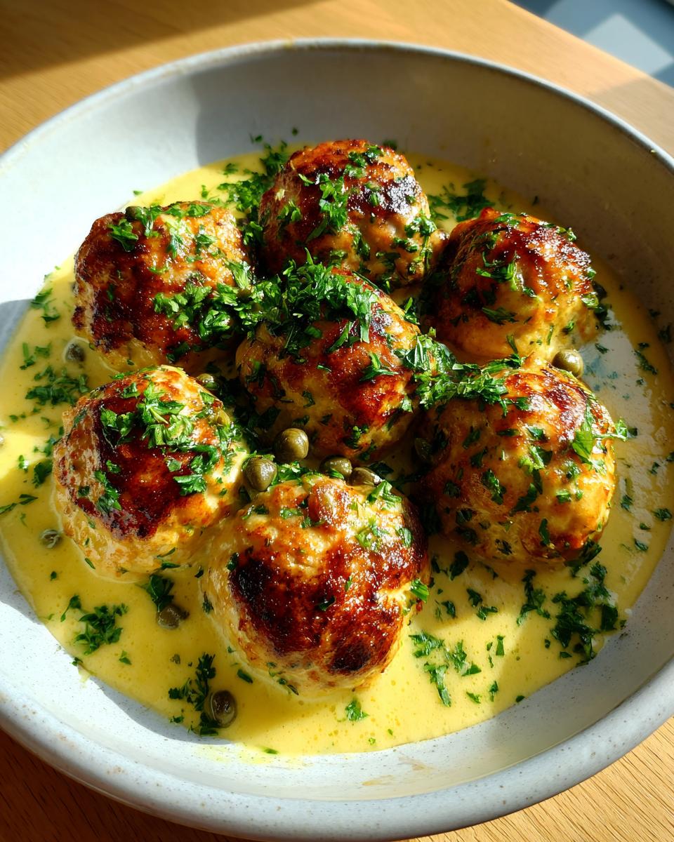 Six perfectly browned chicken piccata meatballs swimming in a creamy lemon-butter sauce, garnished with fresh parsley and capers.