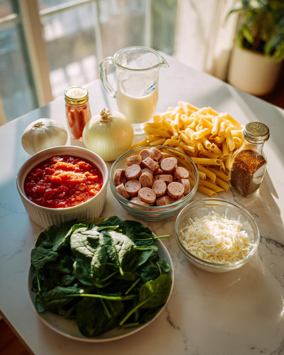 Mise en place ingredients laid out for chicken sausage pasta, including sausage, pasta, spinach, tomatoes, and cheese.