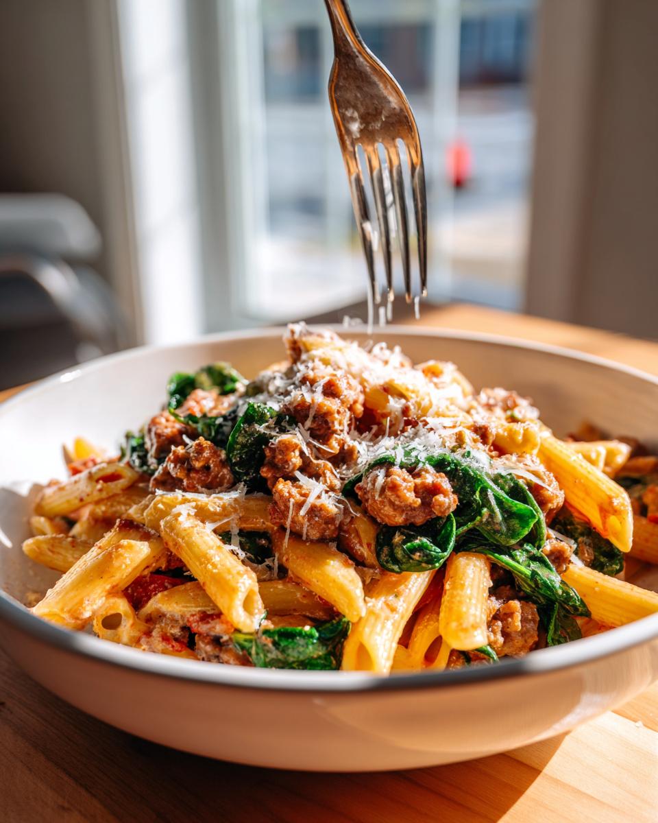 A fork grating Parmesan cheese over a bowl of vibrant chicken sausage pasta with spinach.