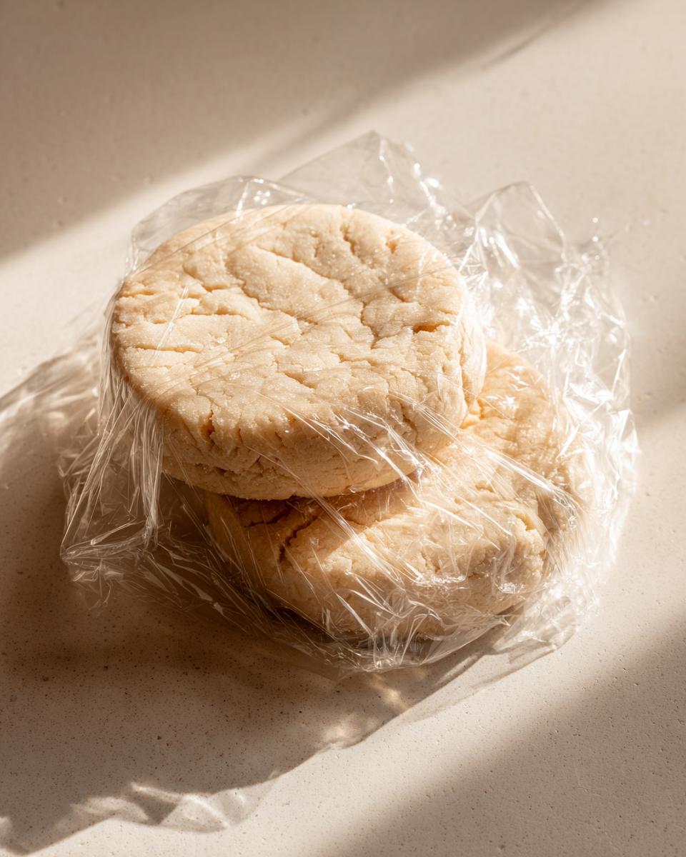 Two flattened discs of soft sugar cookies dough wrapped tightly in plastic wrap, resting on a light countertop.
