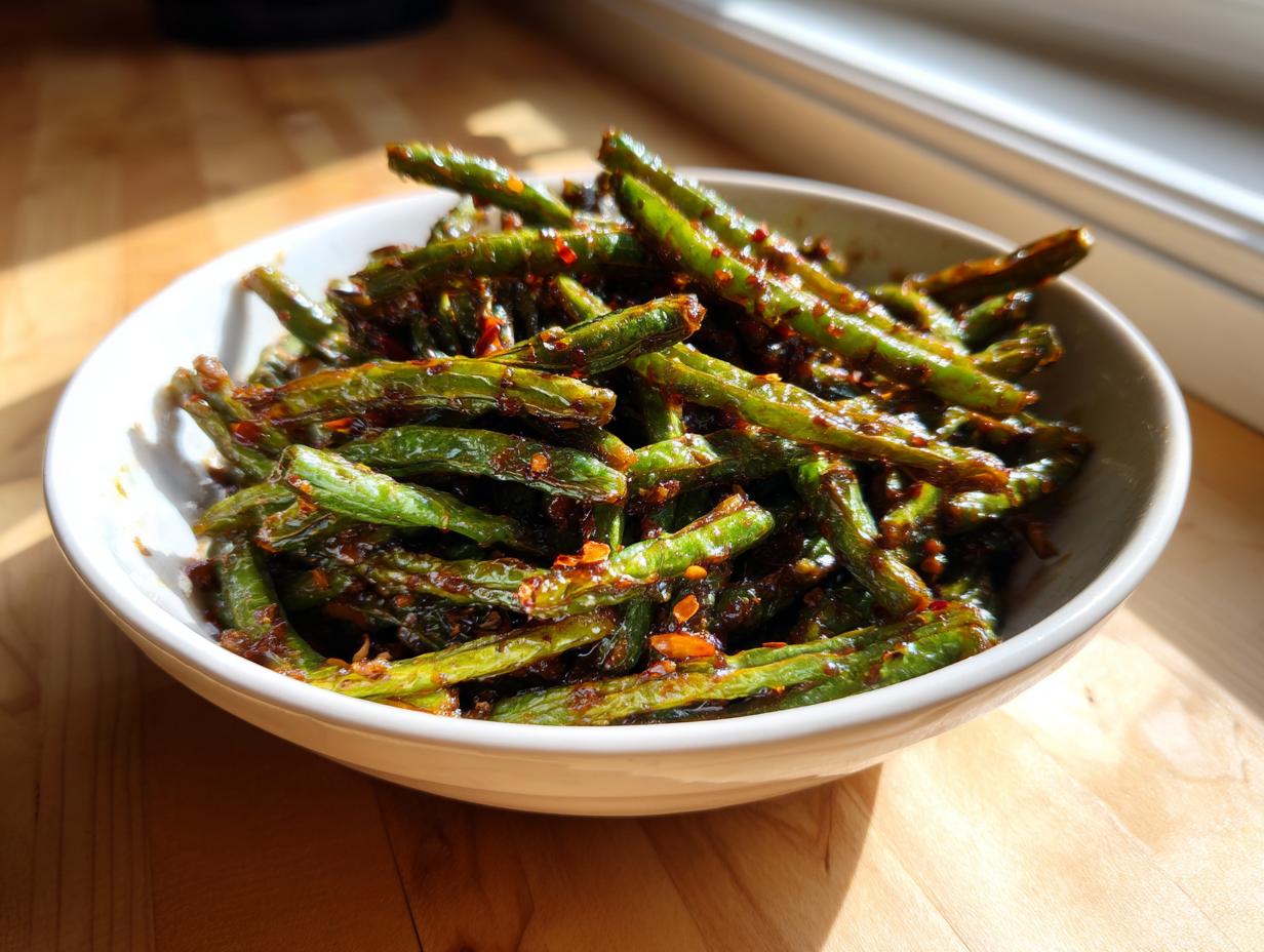 A white bowl filled with glossy, blistered chinese green beans with garlic sauce and chili flakes.