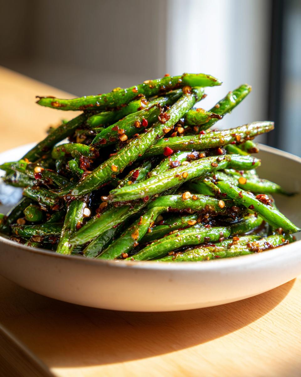 A close-up of bright green, blistered chinese green beans with garlic sauce and chili flakes piled high in a light bowl.
