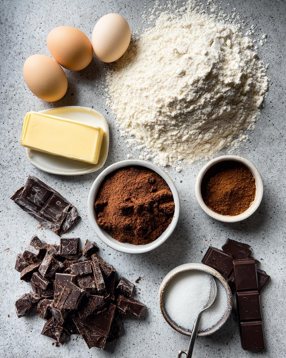 Overhead view of raw ingredients for chocolate babka, including flour, eggs, butter, sugar, cocoa powder, and chopped dark chocolate.