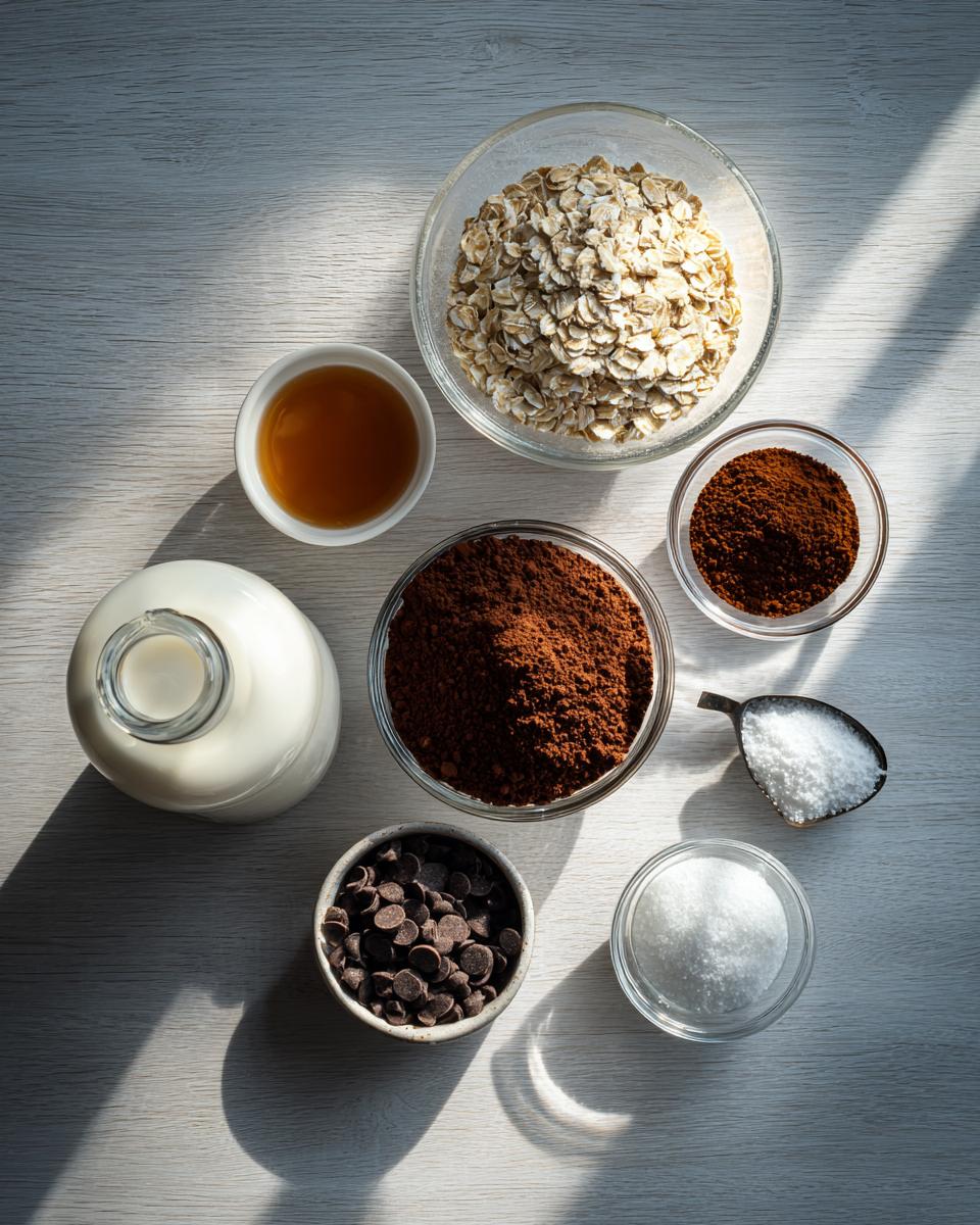 Overhead view of ingredients for chocolate overnight oats, including oats, cocoa powder, milk, and chocolate chips.
