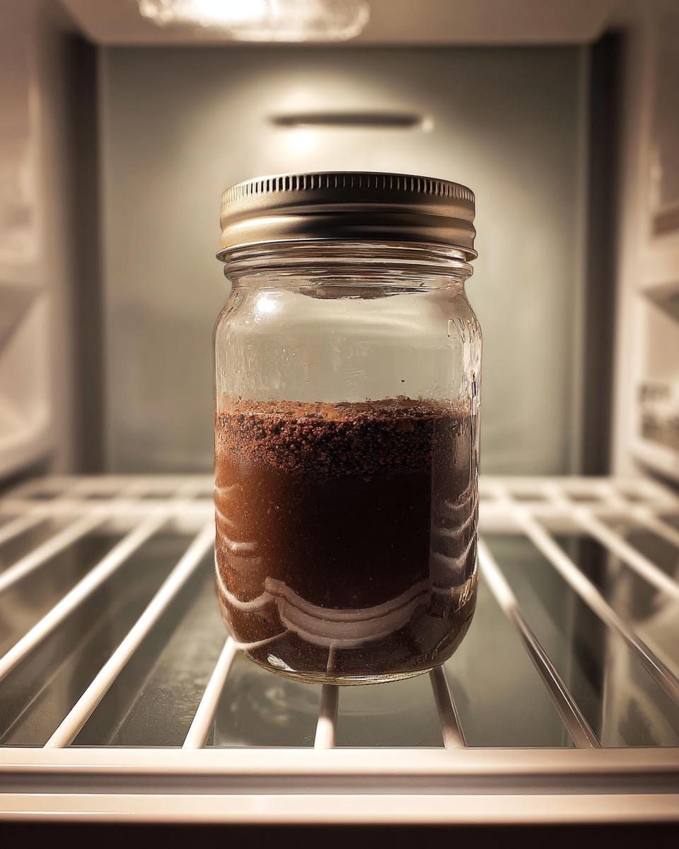 A jar containing the initial ingredients for chocolate overnight oats, resting on a refrigerator shelf.