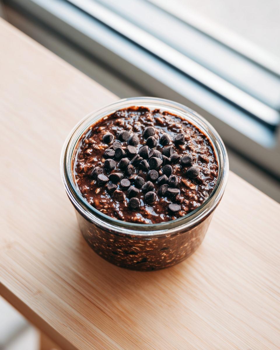 Overhead view of rich chocolate overnight oats topped generously with mini chocolate chips in a glass jar.
