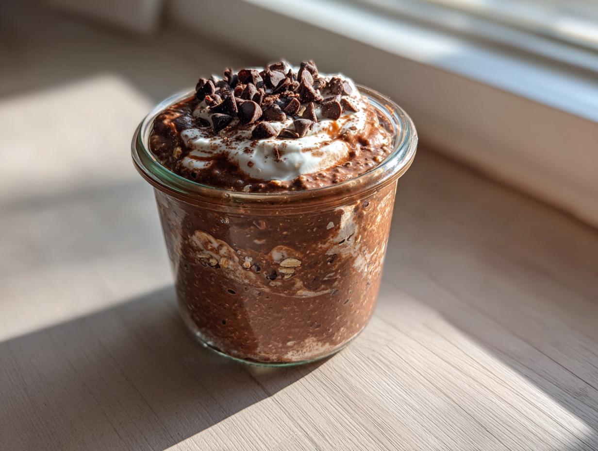 A serving of rich chocolate overnight oats topped with yogurt and mini chocolate chips in a glass jar.
