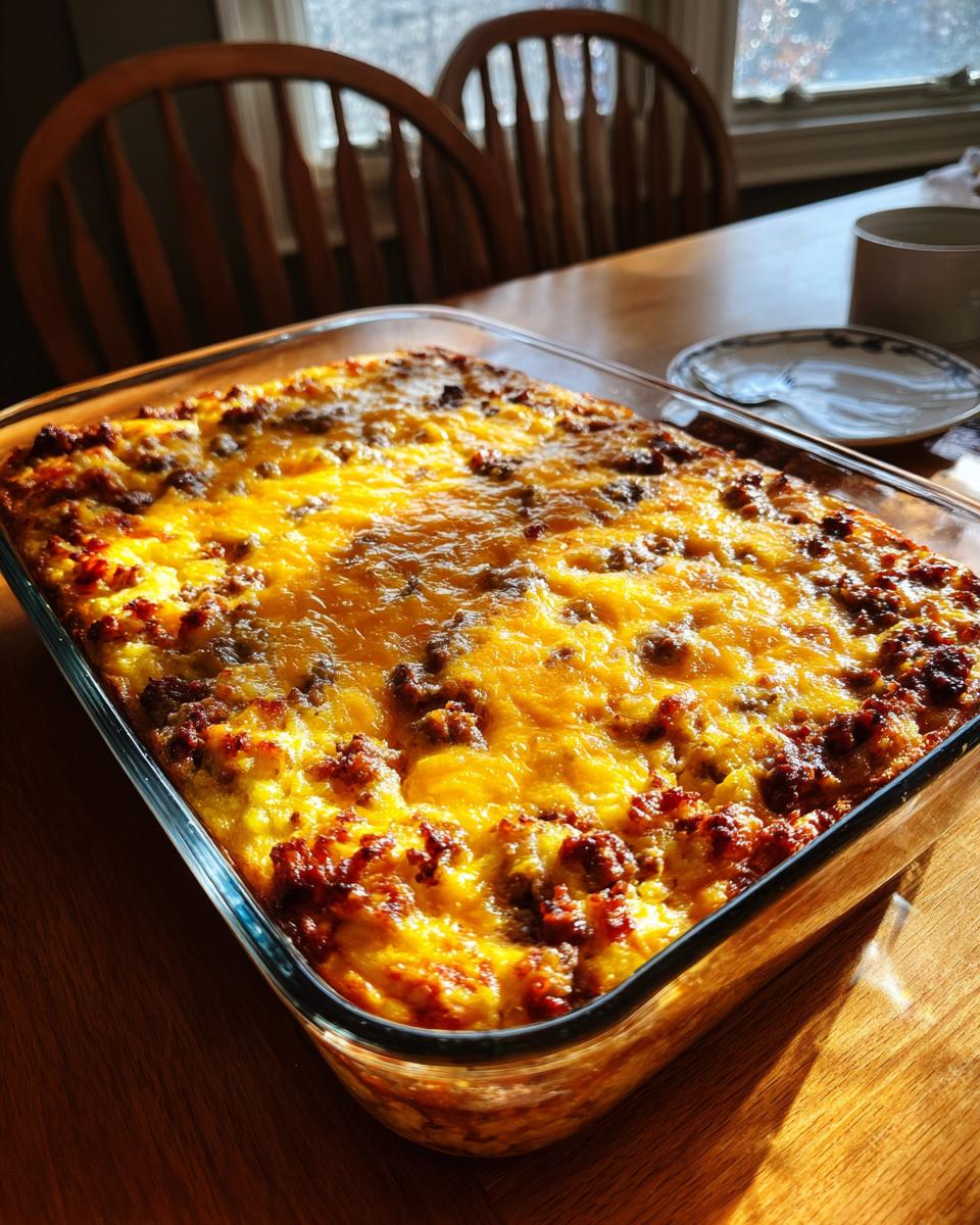 A golden-brown, cheesy Christmas breakfast casserole topped with sausage, fresh from the oven in a clear glass baking dish.