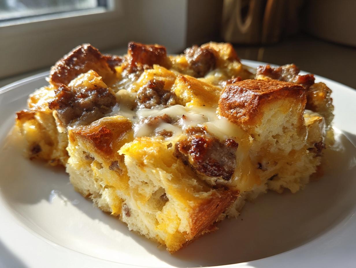 A close-up of a serving of rich Christmas breakfast casserole featuring browned bread cubes, sausage, and melted cheese.