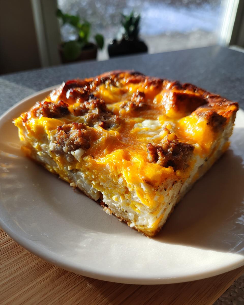 A square slice of rich Christmas breakfast casserole with sausage and melted cheddar cheese on a white plate.