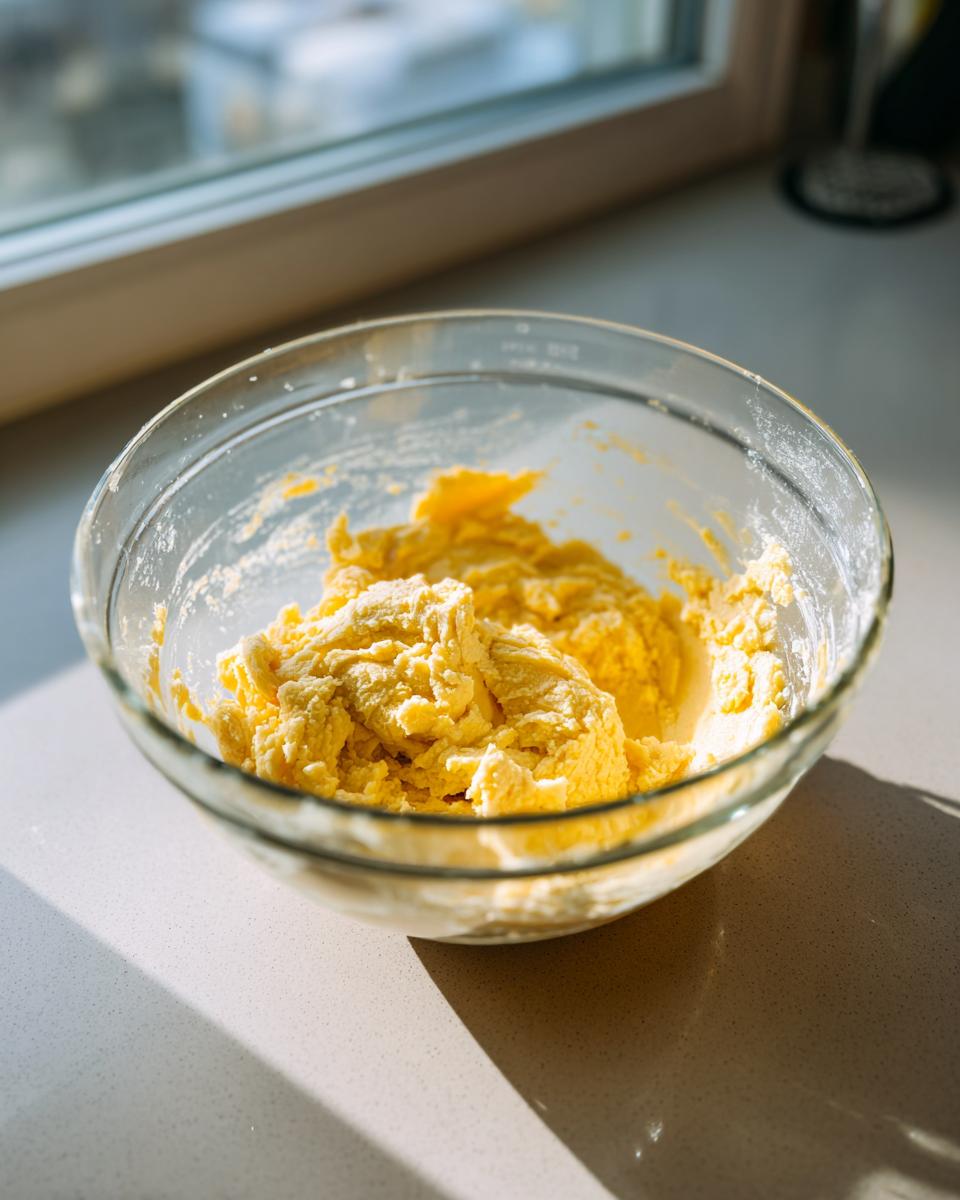 Yellow dough mixture for christmas gooey butter cookies being prepared in a clear glass mixing bowl.