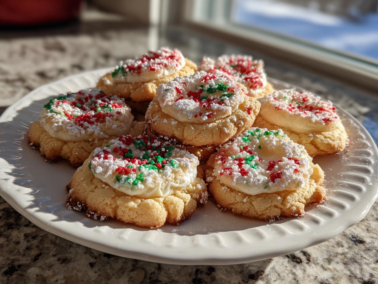 A plate of freshly baked christmas gooey butter cookies topped with white frosting and red and green sprinkles.