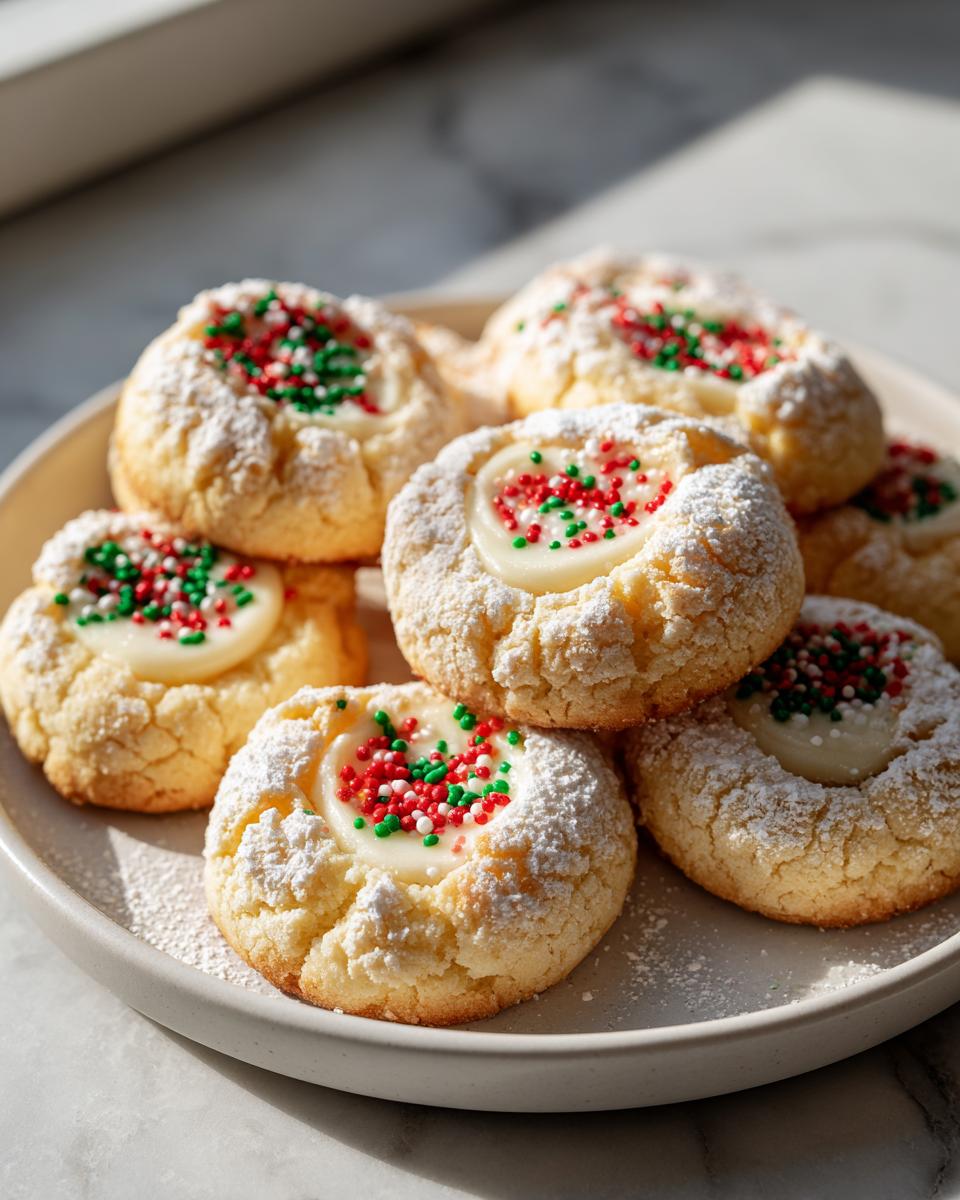 A stack of soft, powdered sugar-dusted christmas gooey butter cookies topped with white frosting and red and green sprinkles.