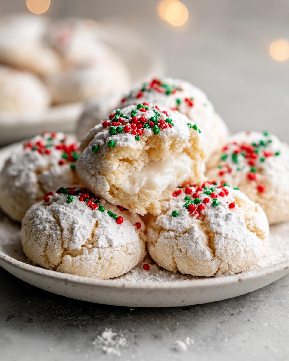 Close-up of christmas gooey butter cookies dusted with powdered sugar and topped with red and green sprinkles; one cookie is broken open showing the creamy center.