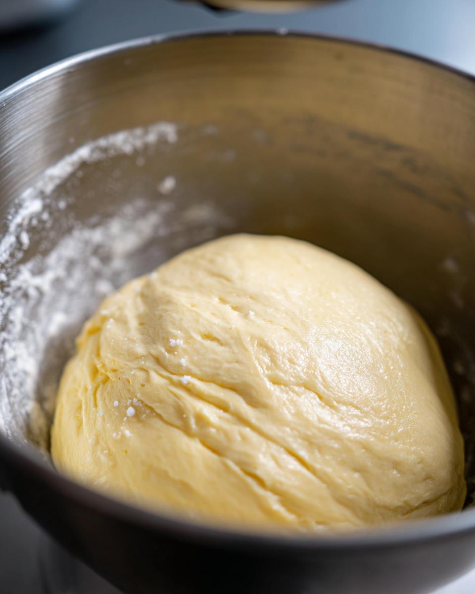 Smooth, yellow dough ball resting in a stainless steel mixing bowl for the cinnamon roll recipe.