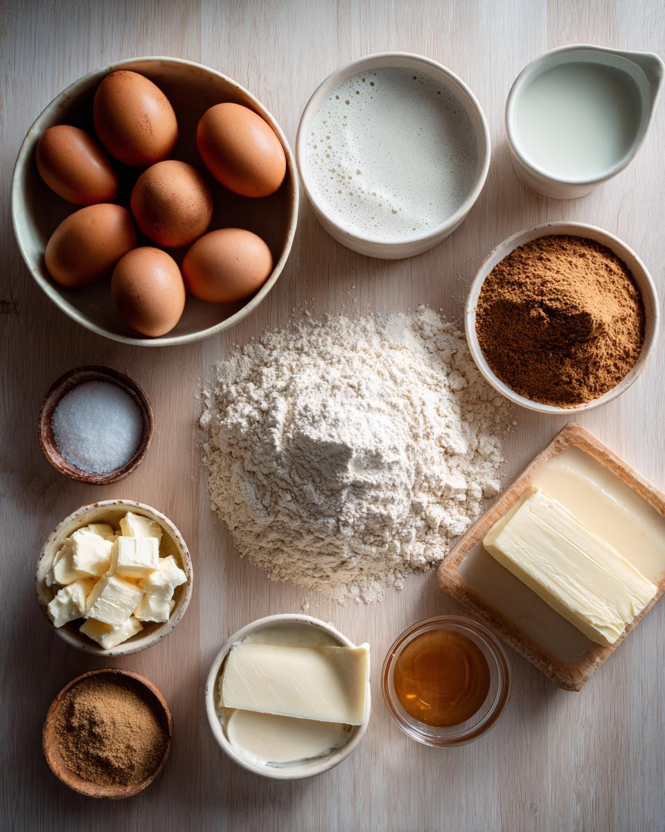 Overhead shot of raw ingredients for a cinnamon roll recipe, including flour, eggs, butter, sugar, and spices.