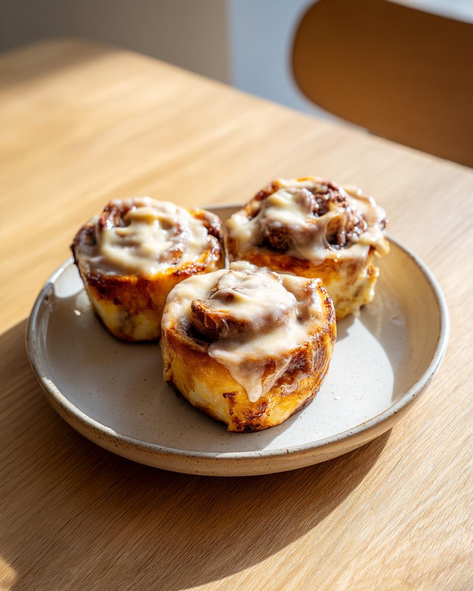 Three freshly baked cinnamon rolls with a thick, creamy glaze, served on a speckled plate.