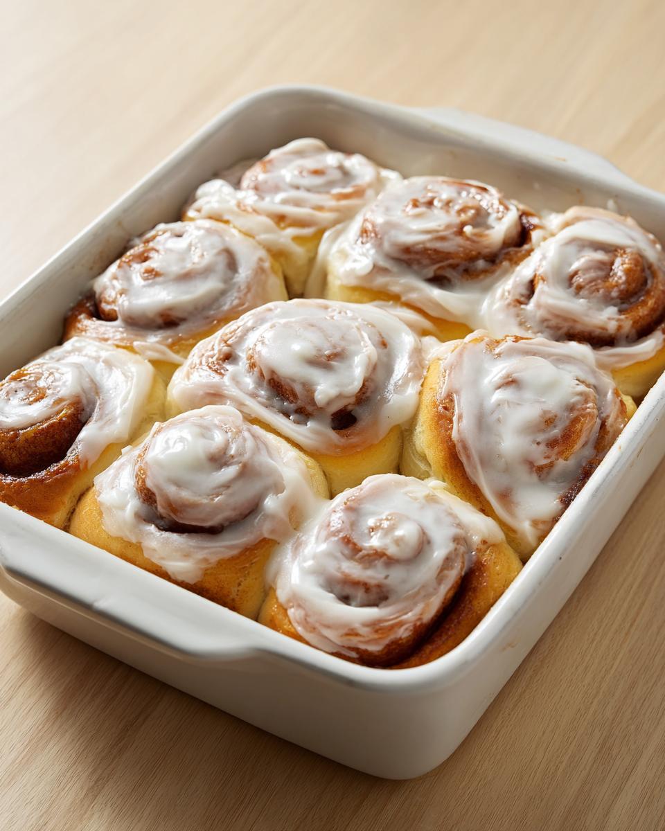 A white baking dish filled with eight gooey cinnamon rolls topped with thick white icing, perfect for cinnamon rolls with heavy cream recipes.