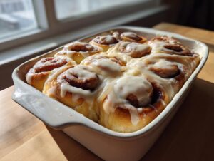 A pan full of freshly baked cinnamon rolls with heavy cream glaze, sitting on a wooden surface near a window.